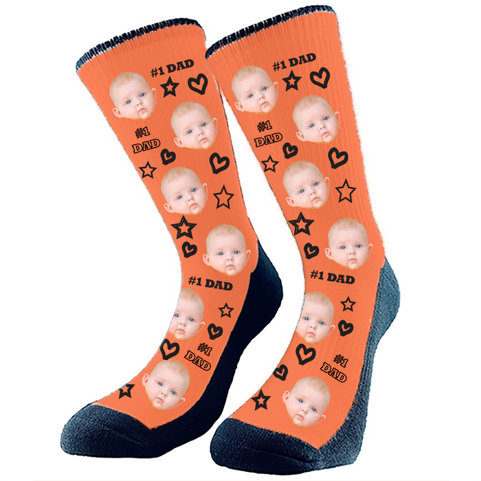 #1 Dad custom socks. Add any face to these epic socks which make the perfect gift for dad. Hearts, stars and #1 Dad pattern. Change the background to any color.
