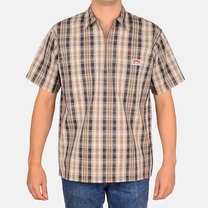 Half zip short sleeve plaid work shirt by Ben Davis in khaki and grey, available in big and tall sizes