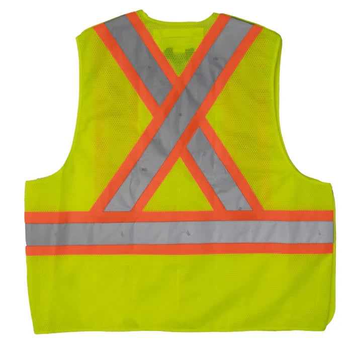 Tough Duck ANSI Class 2 tearaway safety vest in lime, back view showing the X reflective pattern