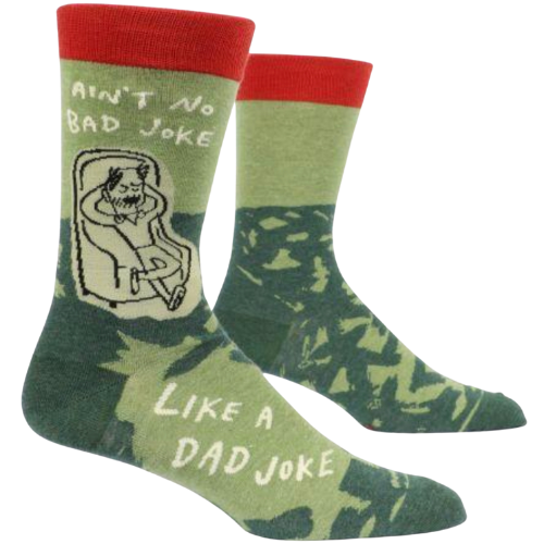 Ain't No Bad Joke Like A Dad Joke socks by Blue Q. Green socks with dad chillin on a chair.