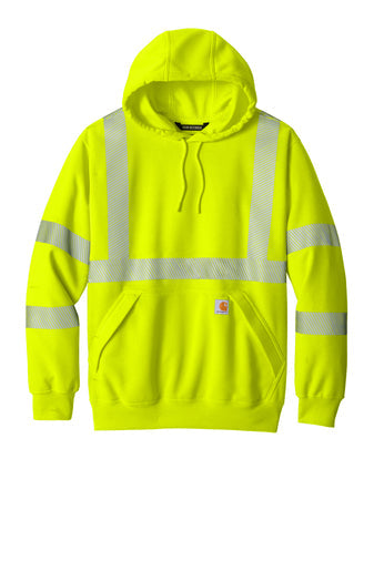 Carhartt ANSI 107 Class 3 high visibility hooded sweatshirt in bright lime, flat front view