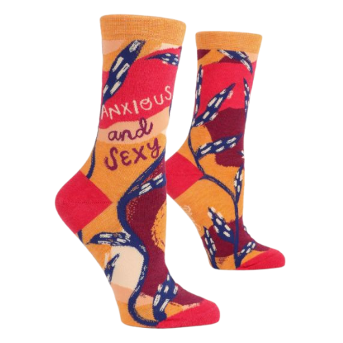 Anxious and Sexy Women's crew socks. Yellow, orange and reds with blue pattern.