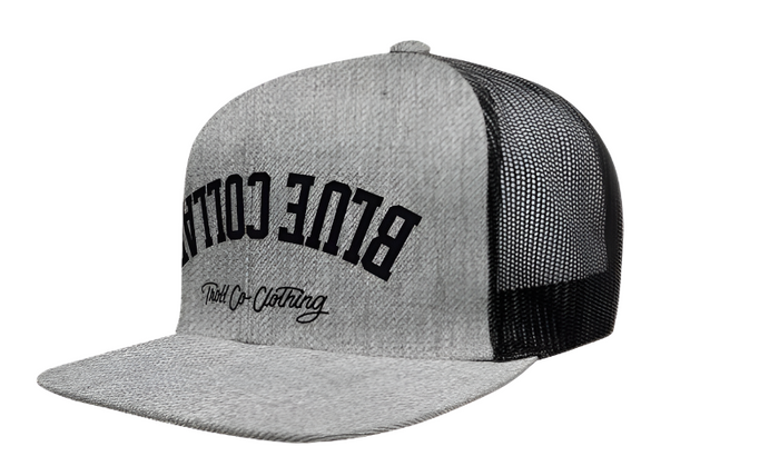 Troll Co. BC Bottoms Up flat brim trucker hat in gray heather and black
