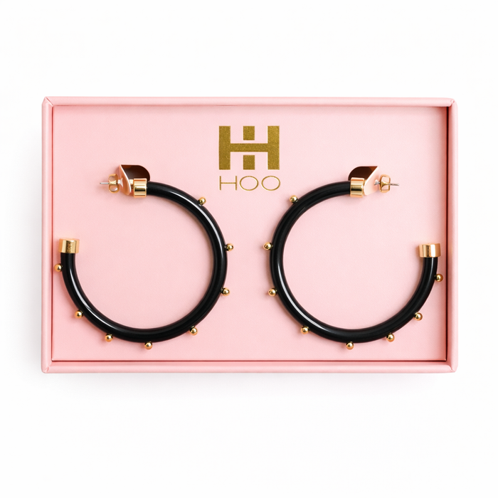 Black with Gold Balls Hoop Earrings