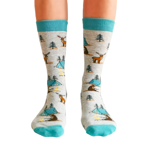 Camping Queen Women's Socks. Moose and Bears camping with tent and tree pattern. Socks designed in Canada. Reinforced Stitchng, Vibrant Colors. 70% Cotton. It's time for a revolution of fun socks for our Canadian Sock Lovers!