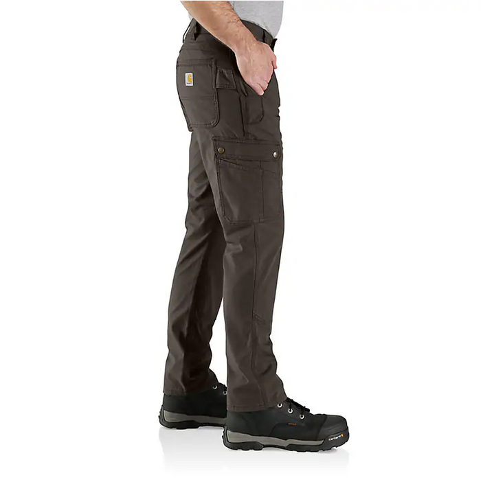 Carhartt Rugged Flex ripstop cargo pant in dark coffee, detail view of the cargo pockets