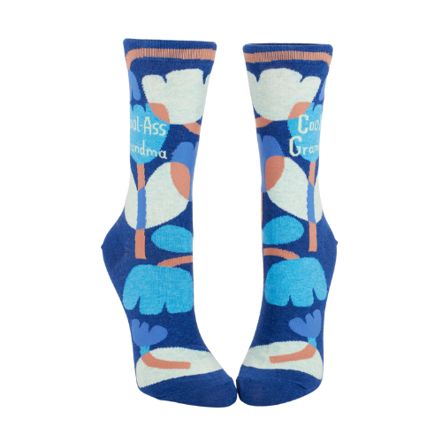 Women’s crew socks featuring the phrase ‘Cool-Ass Grandma’ in a fun, colorful design.
