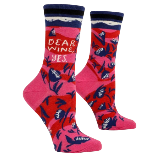 Dear Wine, Yes women's novelty socks. Red and pink colored pattern with blue flowers scattered with print on the top outside calf. BUY AT WWW.SOCKBAR.CA