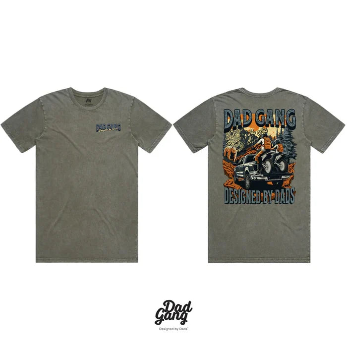 Mt. Adventure graphic tee by Dad Gang in faded green, additional product view of the garment