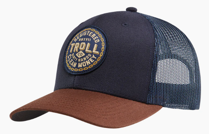 Troll Co. DHCM Chain Gang curved bill snapback hat in navy and brown