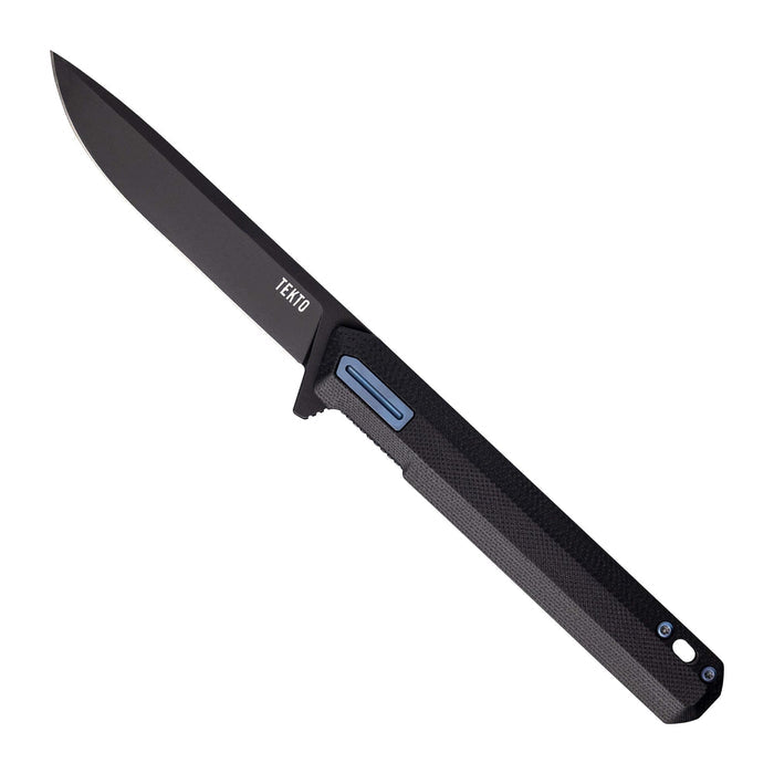Tekto F2 Bravo folding knife with black G10 handle and blue accent hardware