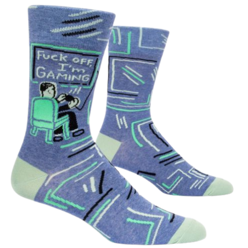 FUCK OFF, I'M GAMING M-CREW SOCKS. My body has melted into my chair, my vision is blurred, I haven't peed in hours and I feel GREAT. Men's shoe size 7-12. 51% combed cotton; 46% nylon; 3% spandex.