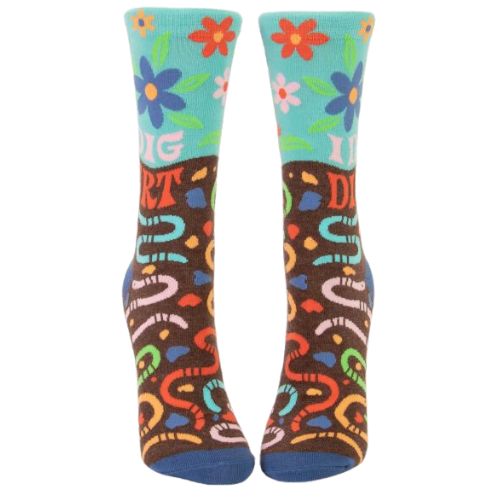 I Dig Dirt Women's Crew Socks. Worm's in dirt with bright colorful flowers. New 2022.