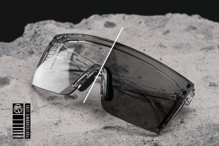Heat Wave Visual Lazer Face photochromic lens shown in light and dark states
