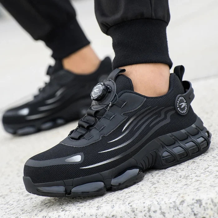 Lightweight safety work shoe - black colour worn on foot
