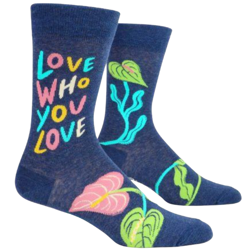 LOVE WHO YOU LOVE M-CREW SOCKS. It's all you need, it's all around, and it's available to every-freaking-one of ya. Men's shoe size 7-12. 55% combed cotton; 43% nylon; 2% spandex.