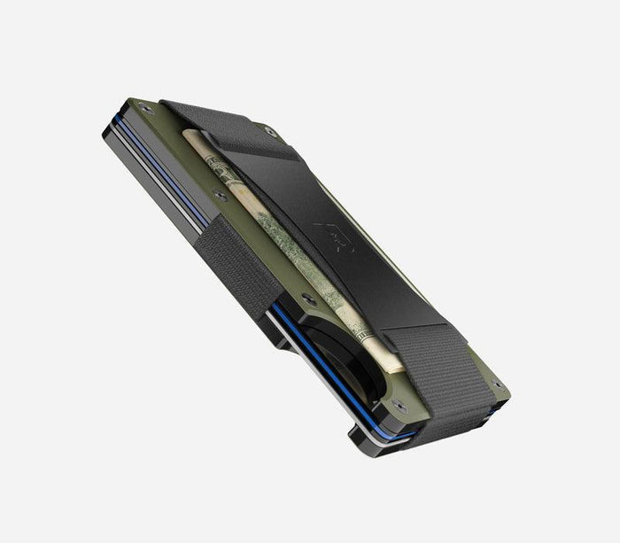 Side angle view of the Matte Olive Ridge aluminum wallet and slim card stack
