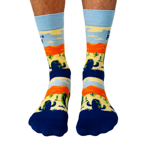 Don't be a Prick Men's Crew Socks. Cactus and desert scene.