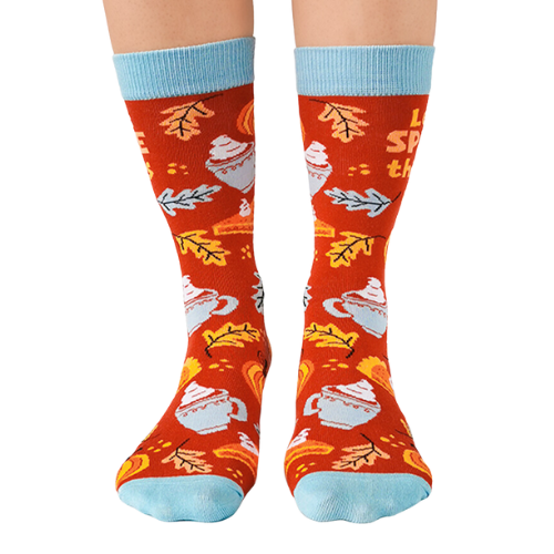 Print on Socks: "Let's Spice Things Up" Orange background with all things fall on them.
