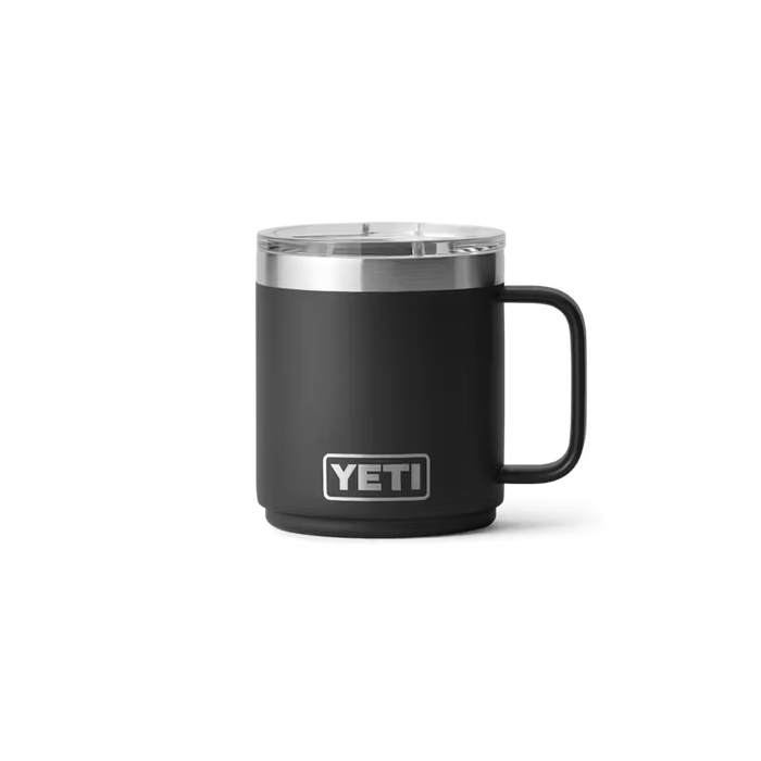 Rambler 10 oz insulated camp mug by Yeti in black, front view of the drinkware body