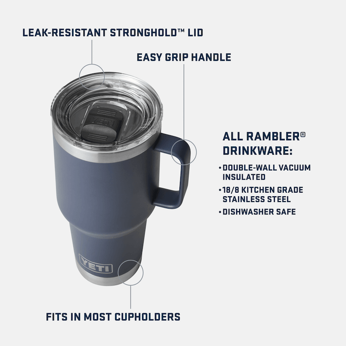 Specification panel for the white YETI Rambler 30 oz travel mug showing size details