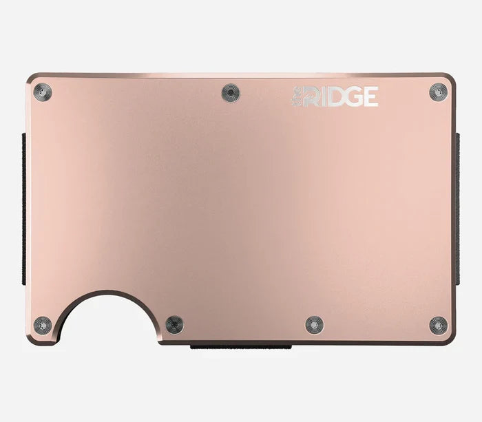 Ridge rose gold aluminum minimalist wallet, front view of the machined card plates