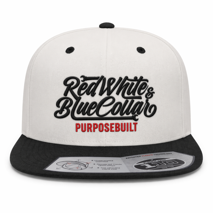RWBC flat brim snapback hat in natural and black, main product view of the front panel