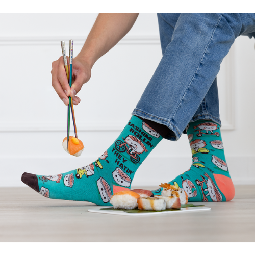Sashimi Rollin’ men’s socks – fun sushi-themed socks with sashimi and maki roll illustrations