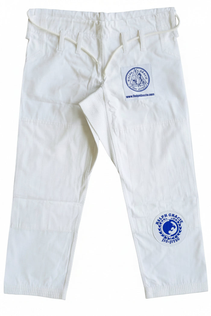 White martial arts pants with a logo on a with background