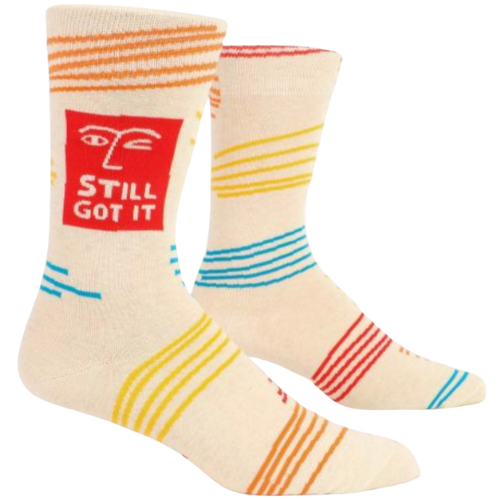 STILL GOT IT M-CREW SOCKS. Here I am, still having it. Never lost it, not once, and not ever gonna. Men's shoe size 7-12. 50% nylon; 47% combed cotton; 3% spandex.