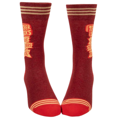 Teacher Socks for Him, maroon color with the writing Teacher Socks 'Cause Teachers Rock!
