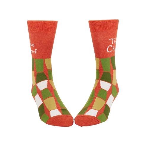 The Chef men’s crew socks with bold culinary-themed lettering.
