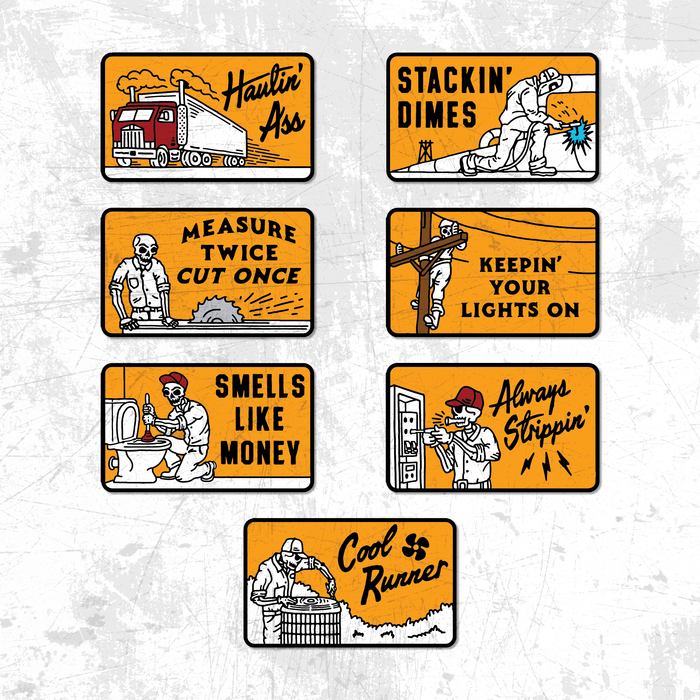 Trade Money sticker collection shown together, including the skull logo