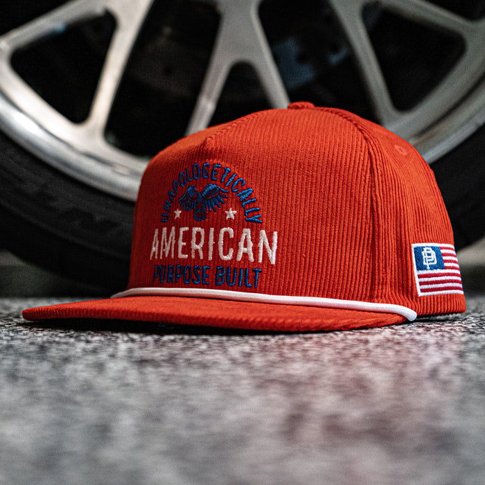 Unapologetically American corduroy flat brim snapback cap in red, alternate product view