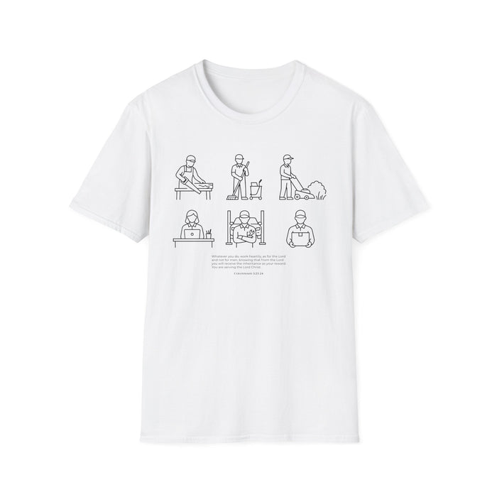 “Whatever You Do, Work Heartily” Minimalist Black ink Jobs Tee