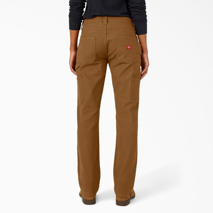 Back view of the Dickies women's brown duck carpenter pant showing the back pockets