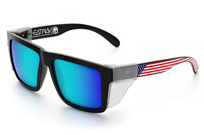 Heat Wave XL Vise USA Galaxy Blue Z87 sunglasses with clear temple arms, angled view