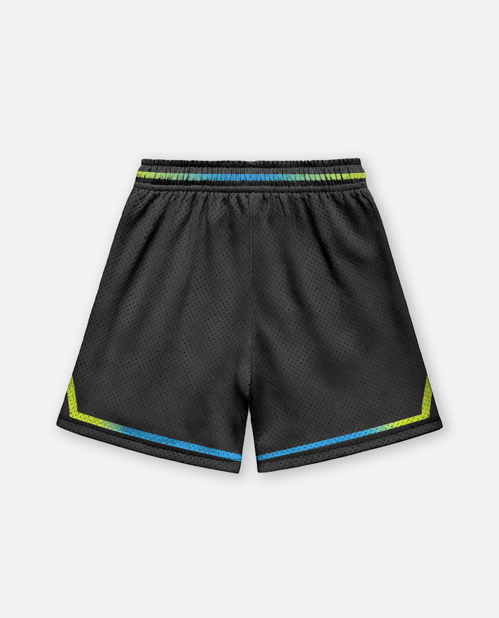 Black athletic titan battlegear shorts with colorful accents on a light gray background