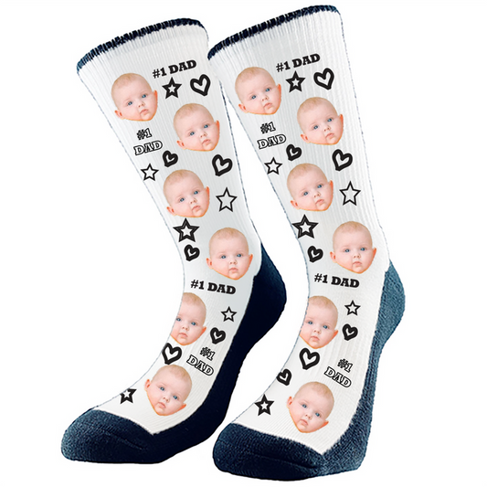 #1 Dad custom socks. Add any face to these epic socks which make the perfect gift for dad. Hearts, stars and #1 Dad pattern. Change the background to any color.