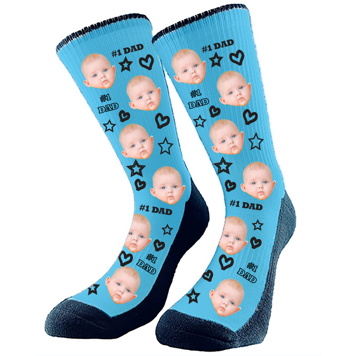 #1 Dad custom socks. Add any face to these epic socks which make the perfect gift for dad. Hearts, stars and #1 Dad pattern. Change the background to any color.