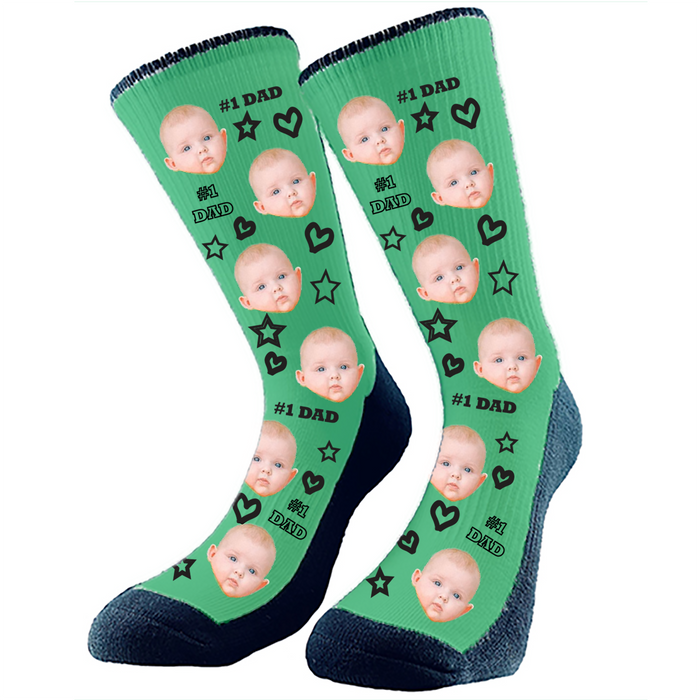 #1 Dad custom socks. Add any face to these epic socks which make the perfect gift for dad. Hearts, stars and #1 Dad pattern. Change the background to any color.