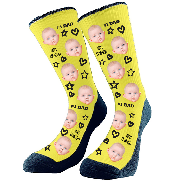#1 Dad custom socks. Add any face to these epic socks which make the perfect gift for dad. Hearts, stars and #1 Dad pattern. Change the background to any color.
