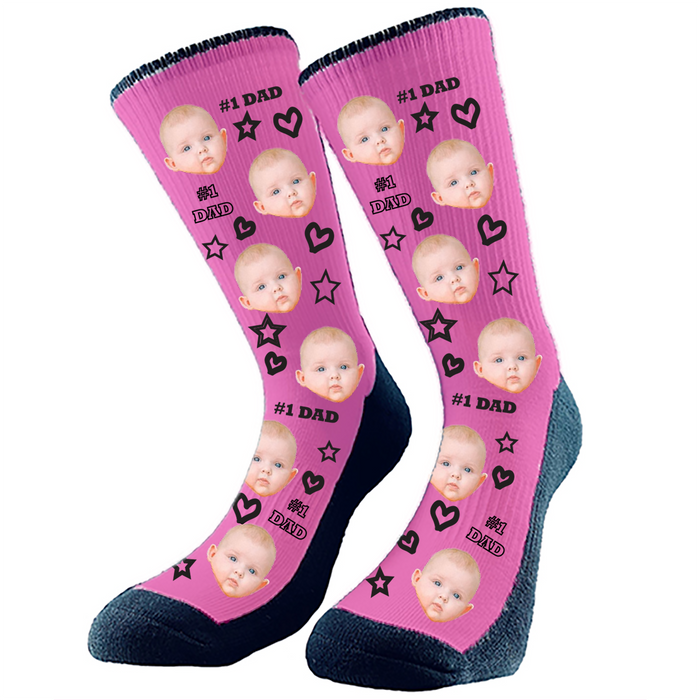 #1 Dad custom socks. Add any face to these epic socks which make the perfect gift for dad. Hearts, stars and #1 Dad pattern. Change the background to any color.