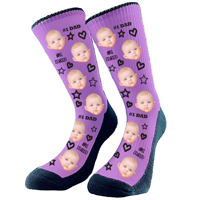 #1 Dad custom socks. Add any face to these epic socks which make the perfect gift for dad. Hearts, stars and #1 Dad pattern. Change the background to any color.