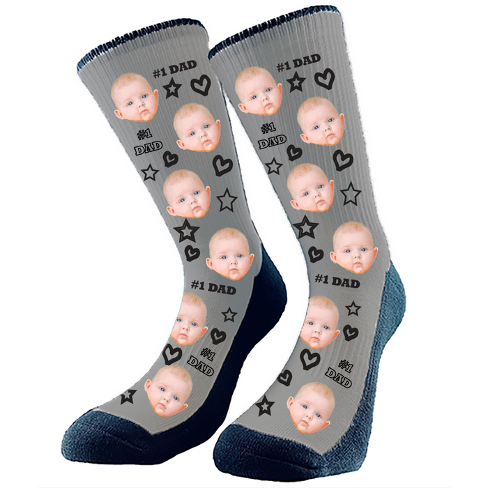 #1 Dad custom socks. Add any face to these epic socks which make the perfect gift for dad. Hearts, stars and #1 Dad pattern. Change the background to any color.