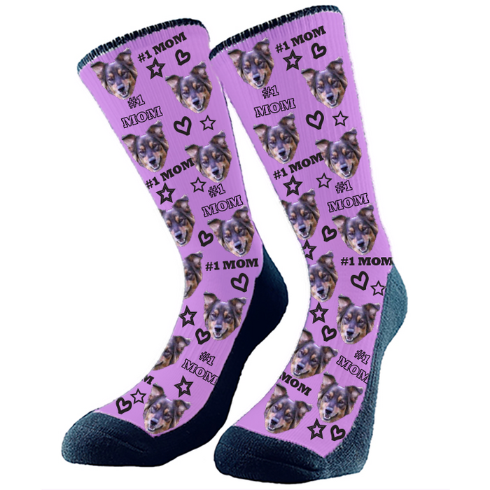 #1 Mom deserves #1 Socks! Hearts and stars with #1 Mom pattern with your cropped face or full body.  Choose your background color. Made in Canada.