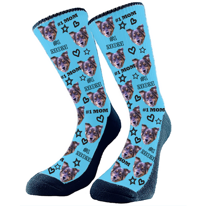 #1 Mom deserves #1 Socks! Hearts and stars with #1 Mom pattern with your cropped face or full body.  Choose your background color.