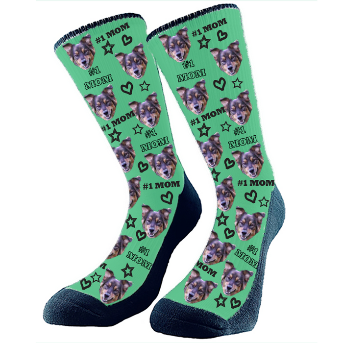 #1 Mom deserves #1 Socks! Hearts and stars with #1 Mom pattern with your cropped face or full body.  Choose your background color. Made in Canada
