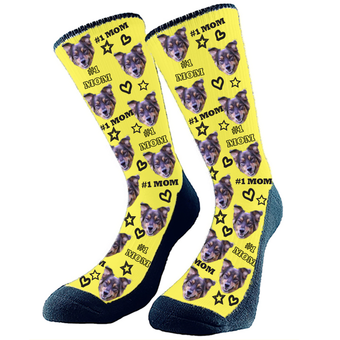 #1 Mom deserves #1 Socks! Hearts and stars with #1 Mom pattern with your cropped face or full body.  Choose your background color. Made in Canada.
