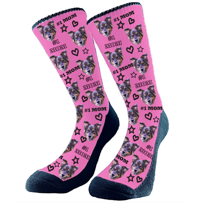 #1 Mom deserves #1 Socks! Hearts and stars with #1 Mom pattern with your cropped face or full body.  Choose your background color. Made in Canada.
